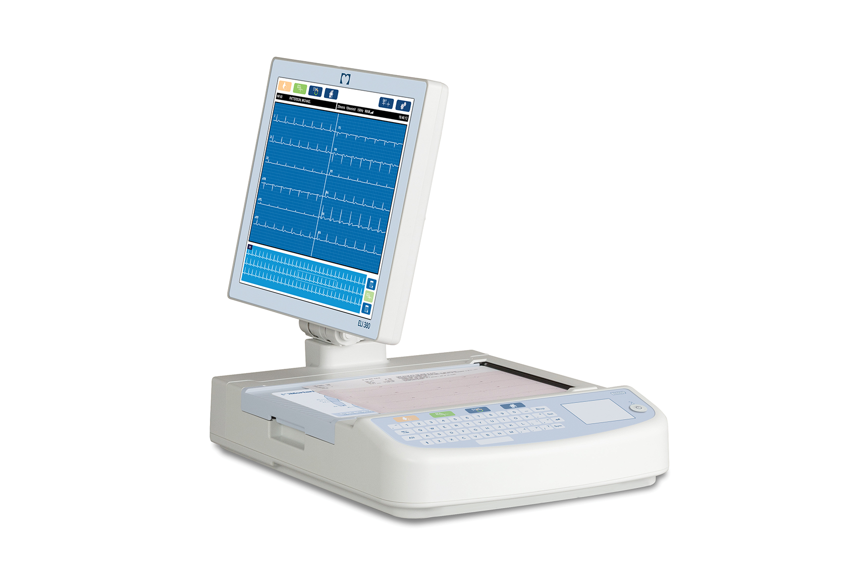 ELI 380 Resting Electrocardiograph, (previously branded as Welch Allyn, Mortara and Burdick, is now a Baxter diagnostic cardiology device) 3/4 view with the ERGO monitor turned to the left